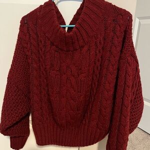 Anthropologie Red Cowl Neck Sweater with Cable Knit Design